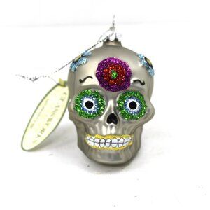 DIA DE LOS MUERTOS SILVER SKULL GLASS ORNAMENT GLASSWORKS MIDWEST CBK